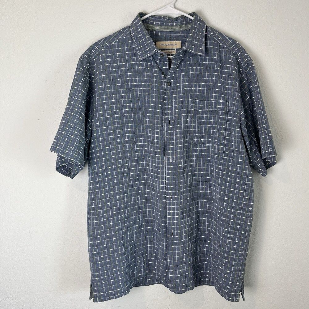 Tommy Bahama Shirt Men Large Adult Blue Casual Button Down Textured Silk Check